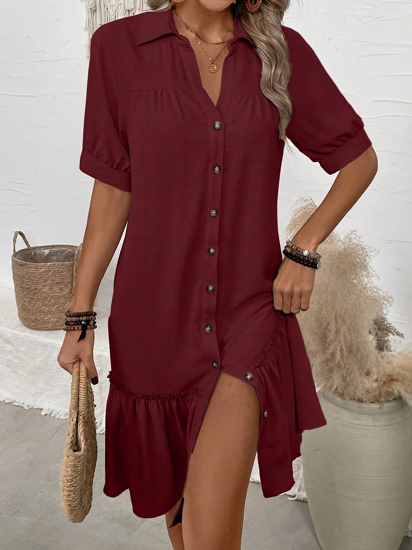 Casual Vacation Dress with Collar & Ruffled Hem Lightweight Fabric