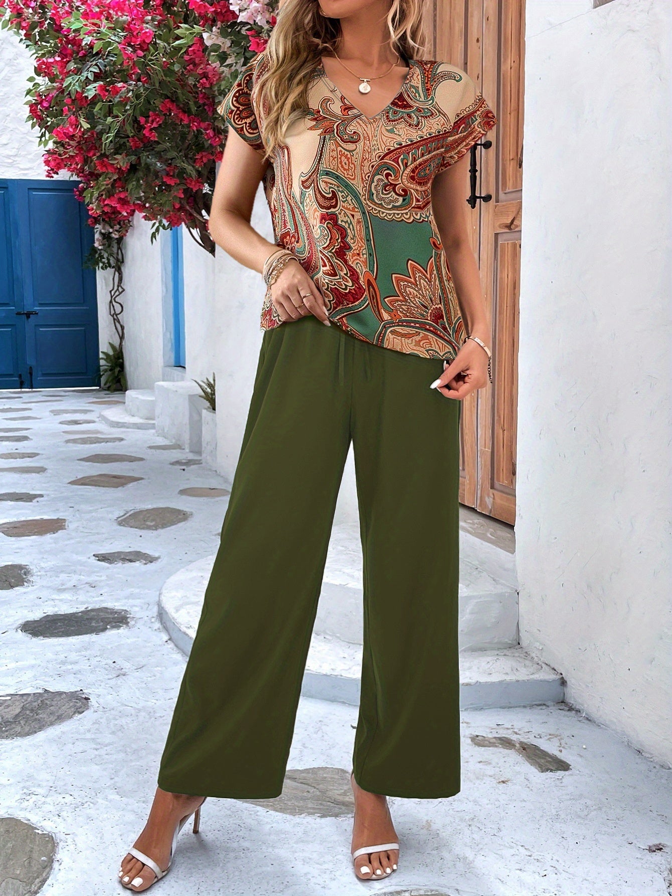 Two-piece Set, Vacation V Neck Short Sleeve Top & Wide Leg Pants