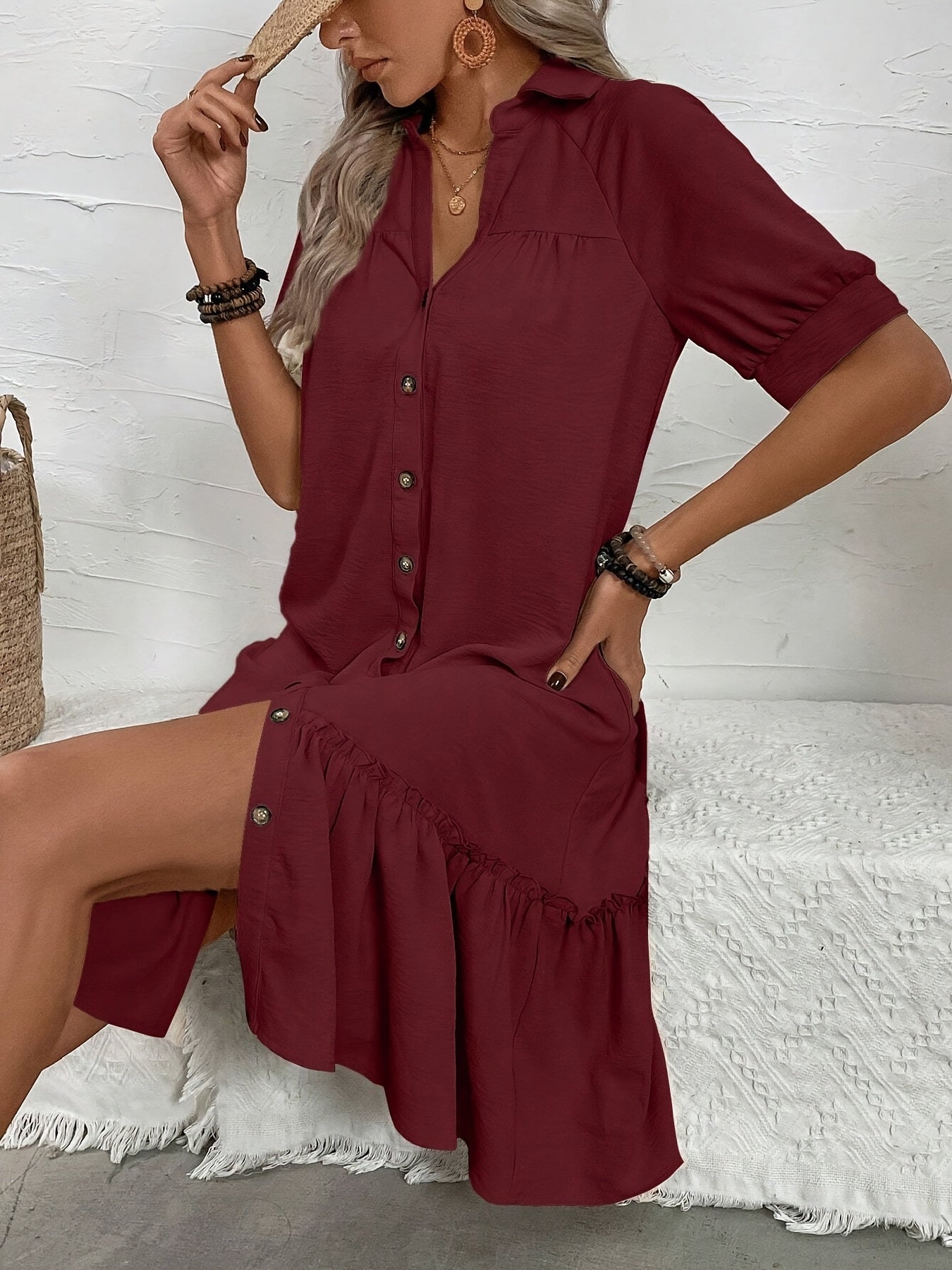 Casual Vacation Dress with Collar & Ruffled Hem Lightweight Fabric