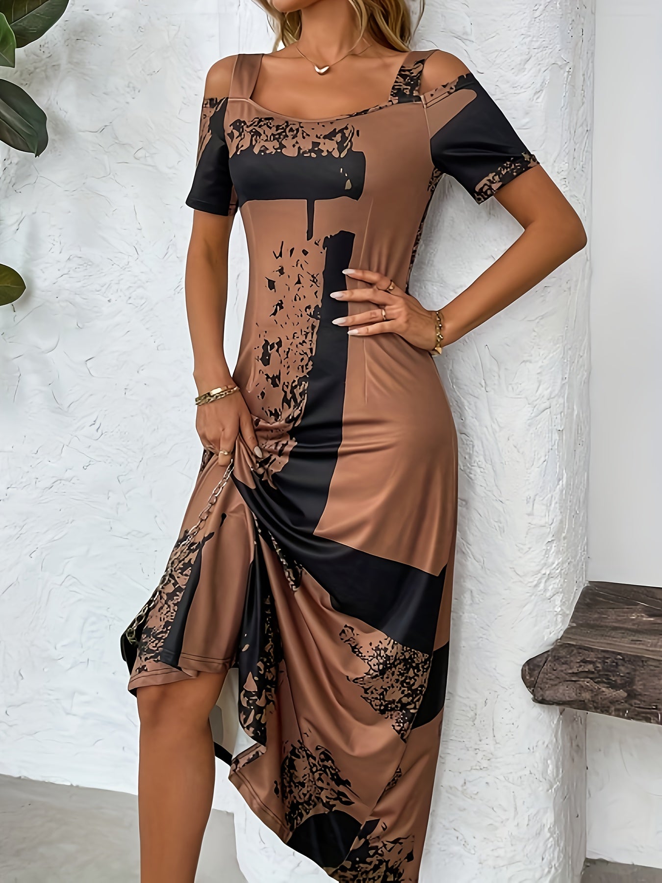 Elegant Off-the-Shoulder Printed Peplum Dress for Women