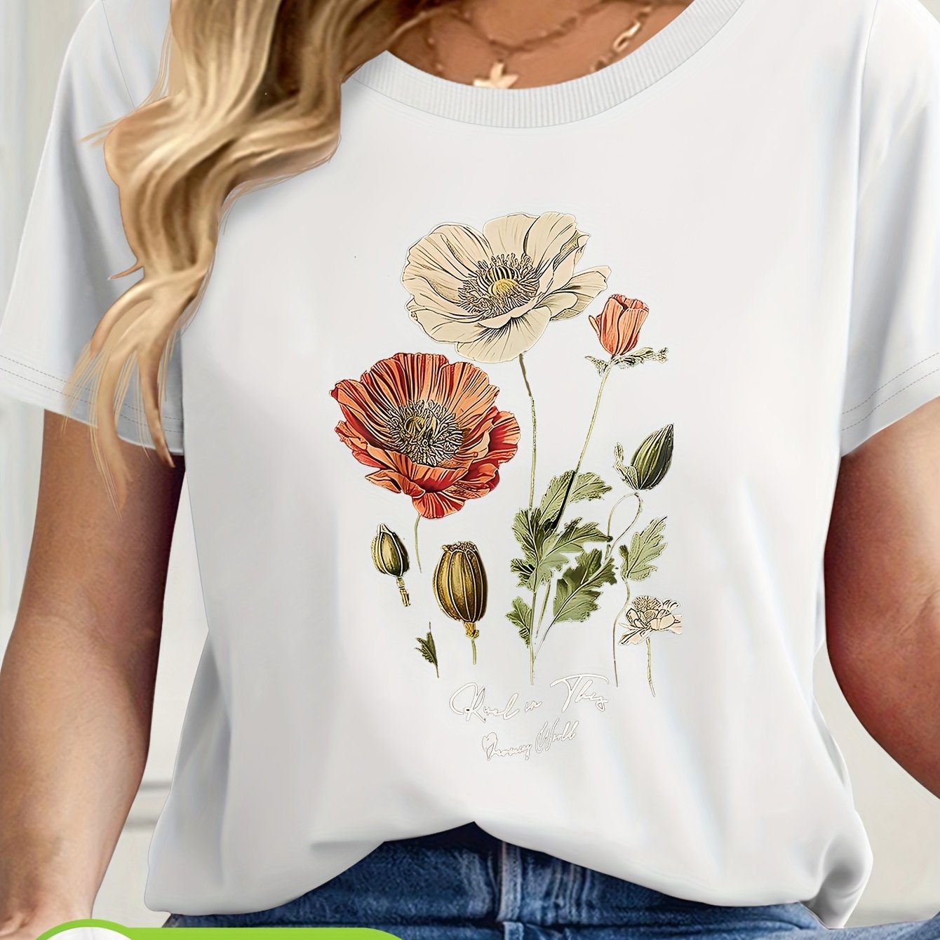 Short Sleeve Round Neck Top with Vibrant Poppy & Foliage Design