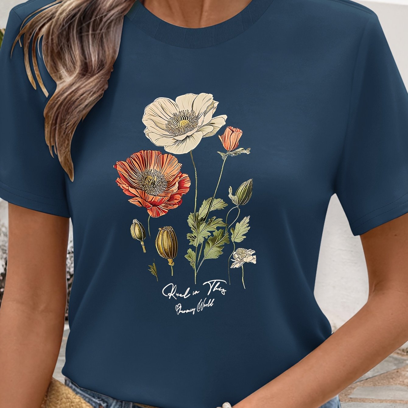 Short Sleeve Round Neck Top with Vibrant Poppy & Foliage Design