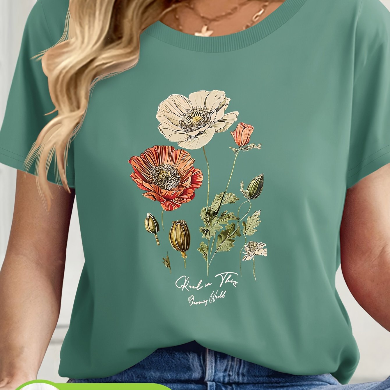Short Sleeve Round Neck Top with Vibrant Poppy & Foliage Design