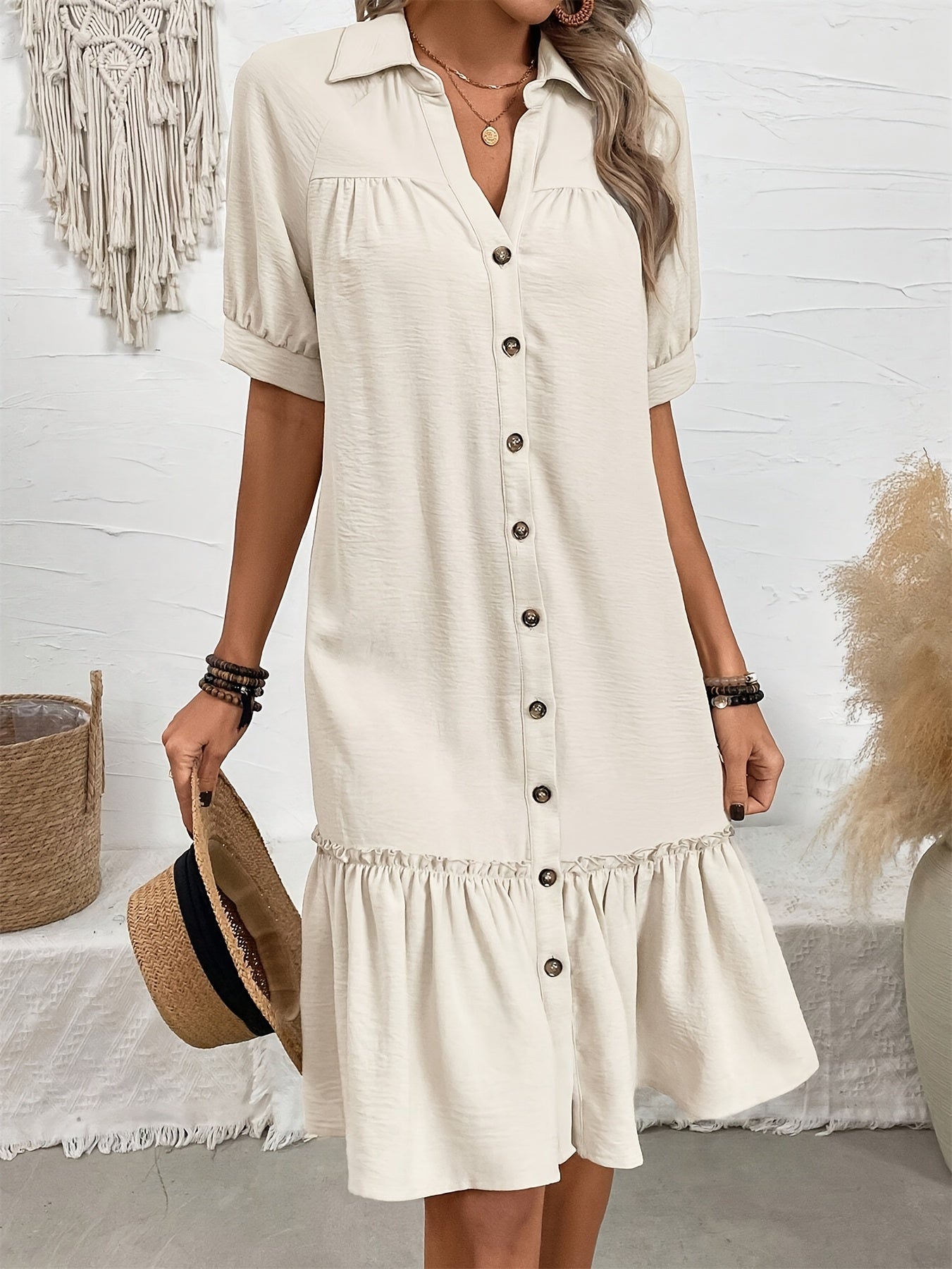 Casual Vacation Dress with Collar & Ruffled Hem Lightweight Fabric
