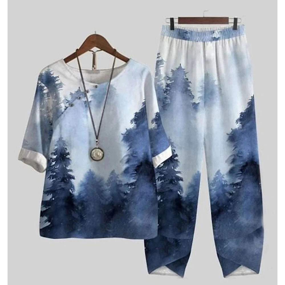 Summer 2 Piece Set Sleeve Shirt Top High Waist Pant