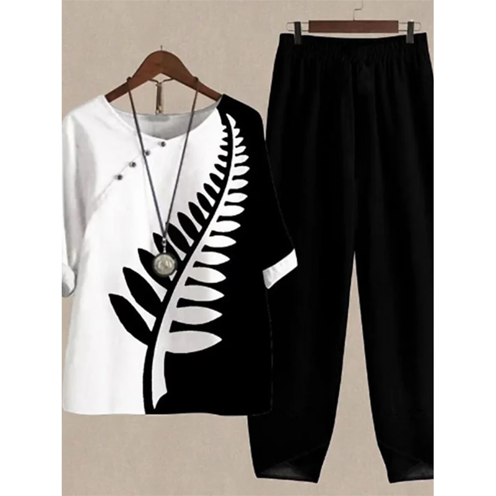 Summer 2 Piece Set Sleeve Shirt Top High Waist Pant