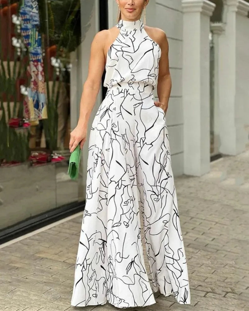 Summer women's geometric printed sleeveless pants with elegant temperament