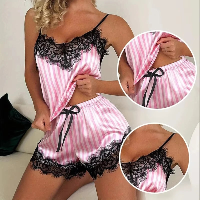 Two Piece Women's V-Neck Sexy Lace Suspender Pyjama Shorts Set