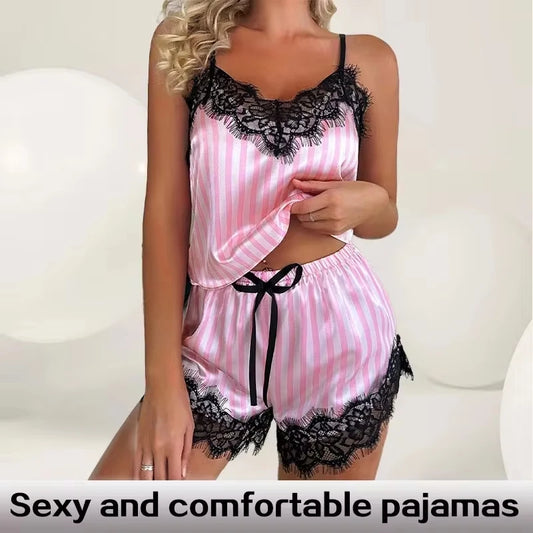 Two Piece Women's V-Neck Sexy Lace Suspender Pyjama Shorts Set