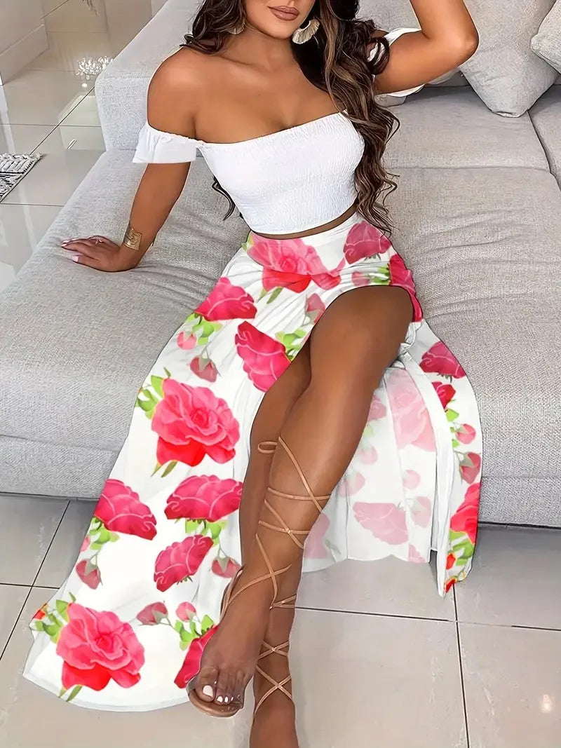 Bohemian Two-piece Set Women's Off-shoulder Elastic Solid Color Vest With feather Print High Waist Slit Skirt Set
