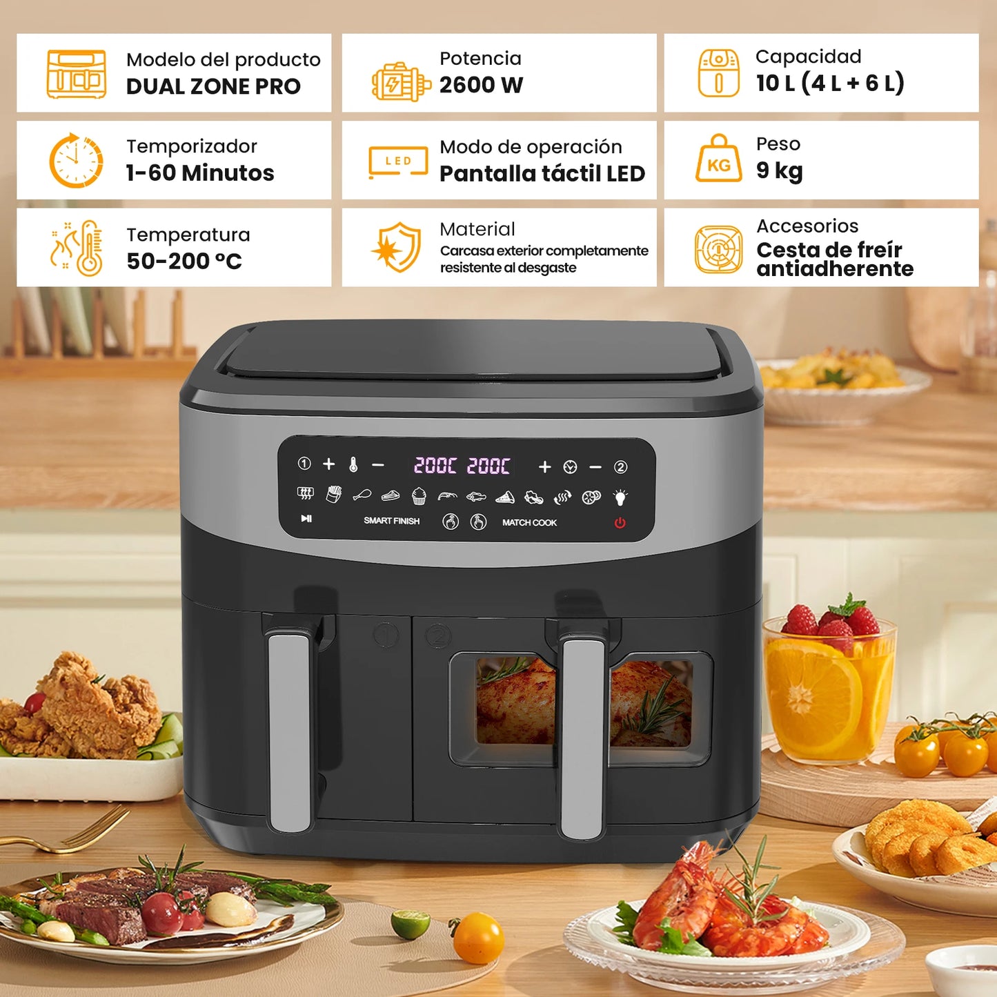 Dual-Basket Air Fryer with Viewing Window, 10L (4L x 6L) XXL 2600W Capacity Double Air Fryer, 12-in-1 Preset Functions