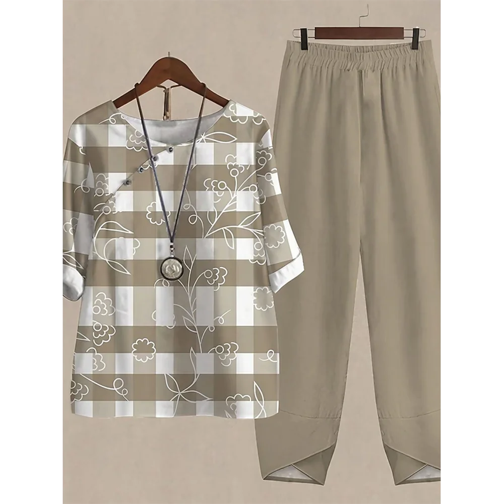 Summer 2 Piece Set Sleeve Shirt Top High Waist Pant