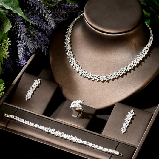 Luxury Bridal CZ necklace earrings bracelet ring 4pcs Brid Sets