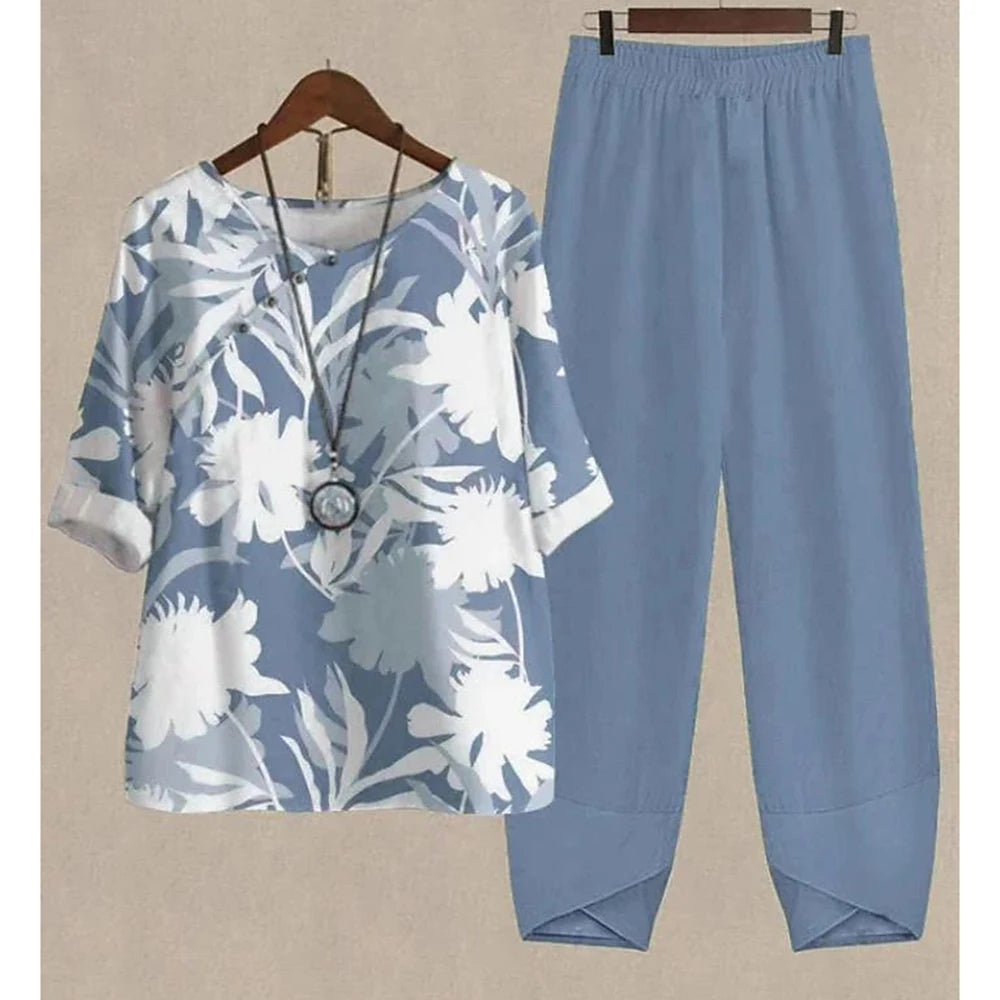 Summer 2 Piece Set Sleeve Shirt Top High Waist Pant