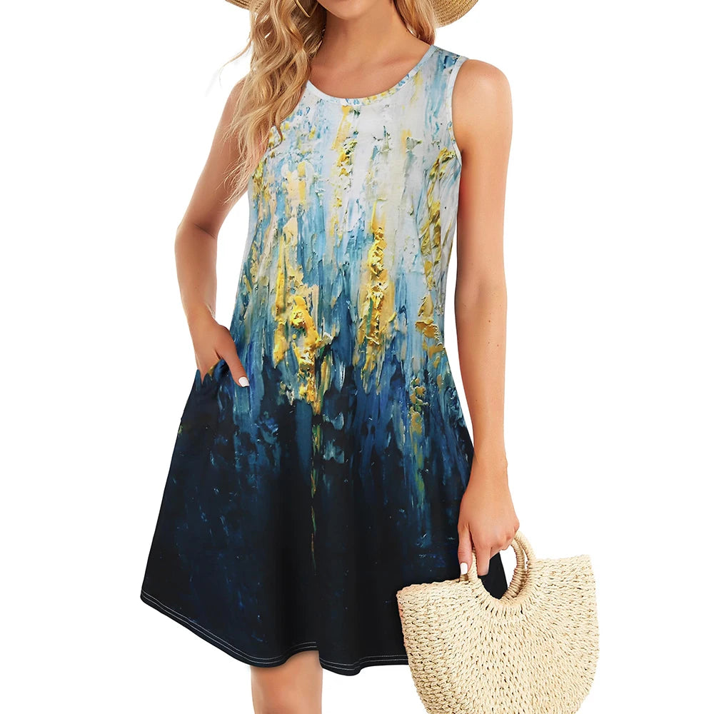 Casual Knee-length Pockets Sleeveless Skirt Summer Simple