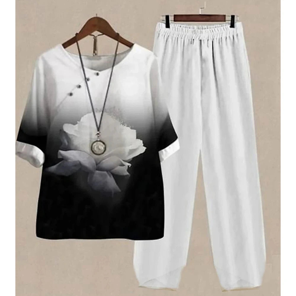 Summer 2 Piece Set Sleeve Shirt Top High Waist Pant