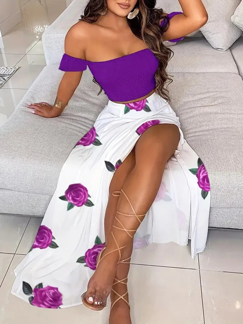 Bohemian Two-piece Set Women's Off-shoulder Elastic Solid Color Vest With feather Print High Waist Slit Skirt Set
