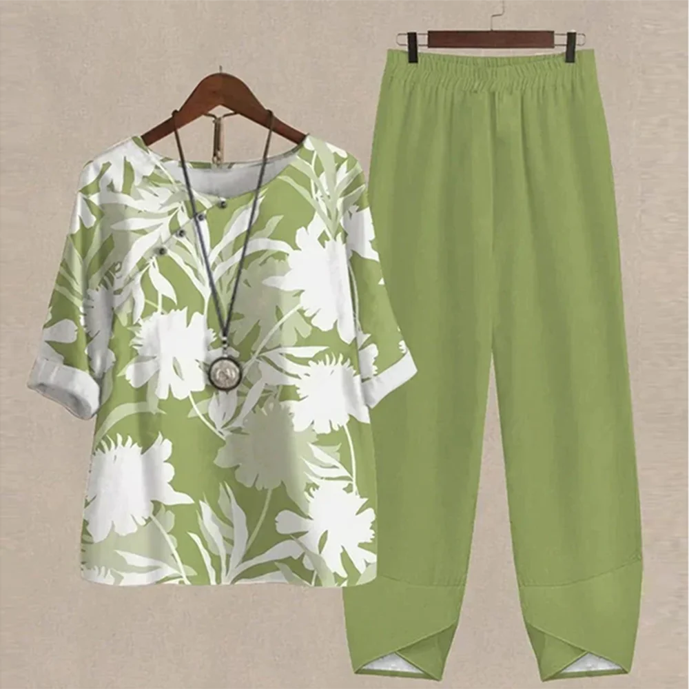 Summer 2 Piece Set Sleeve Shirt Top High Waist Pant