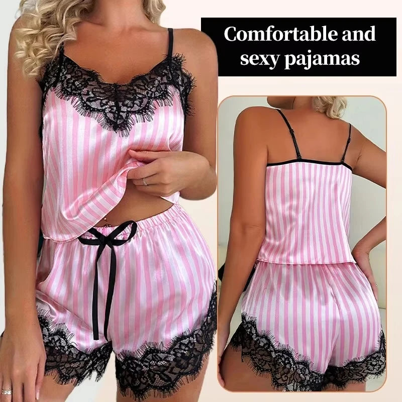 Two Piece Women's V-Neck Sexy Lace Suspender Pyjama Shorts Set