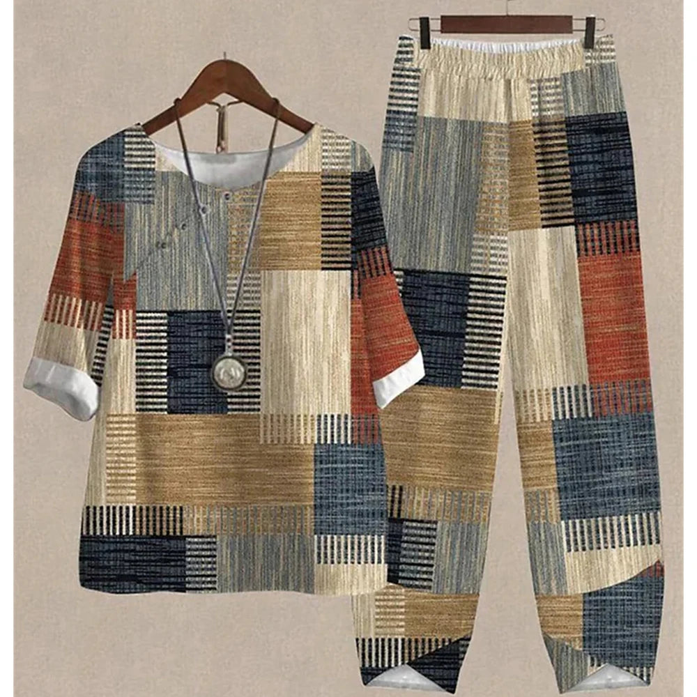 Summer 2 Piece Set Sleeve Shirt Top High Waist Pant