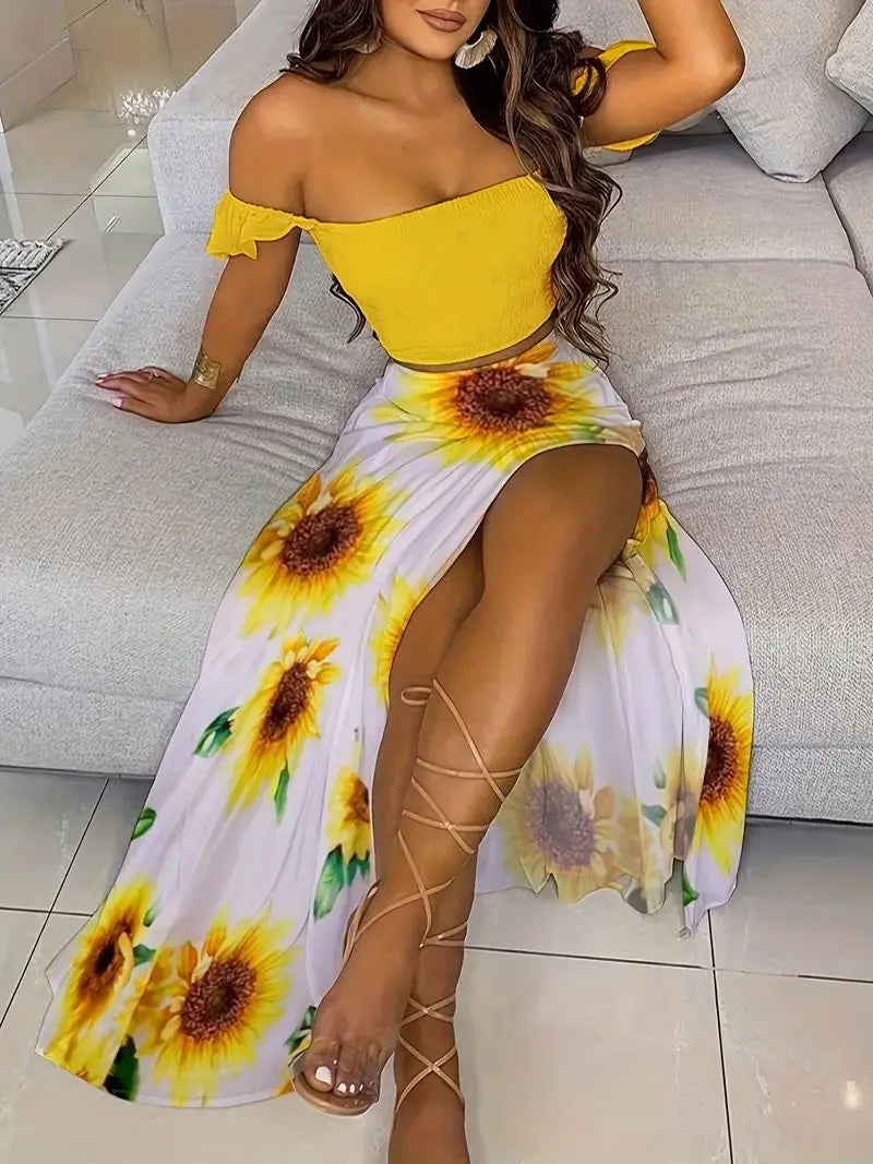 Bohemian Two-piece Set Women's Off-shoulder Elastic Solid Color Vest With feather Print High Waist Slit Skirt Set