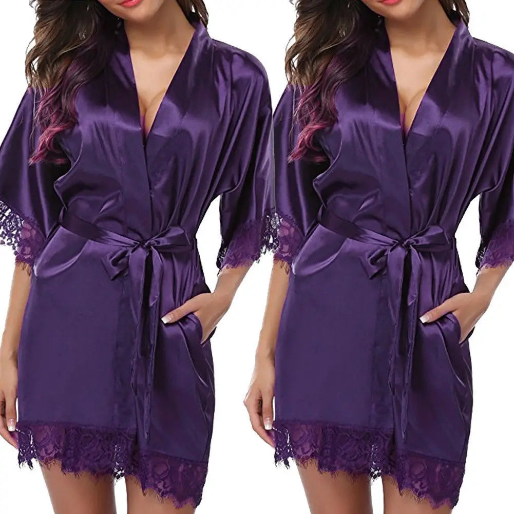 Sleepwear Nightgowns Half Sleeve Nightdress Black Lace Bathrobe Smooth Soft Comfortable