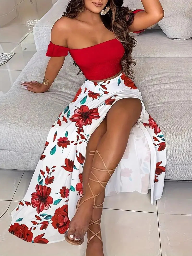 Bohemian Two-piece Set Women's Off-shoulder Elastic Solid Color Vest With feather Print High Waist Slit Skirt Set