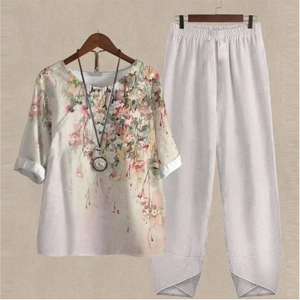 Summer 2 Piece Set Sleeve Shirt Top High Waist Pant