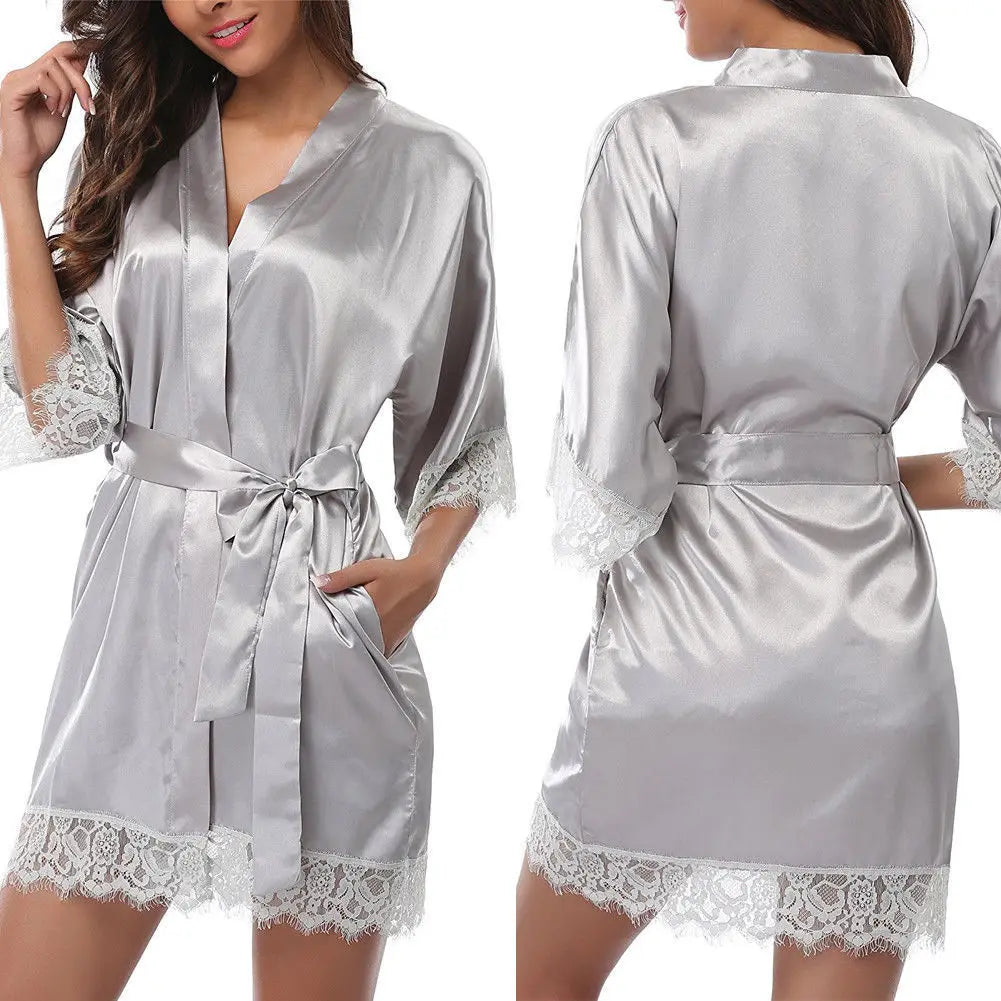 Sleepwear Nightgowns Half Sleeve Nightdress Black Lace Bathrobe Smooth Soft Comfortable