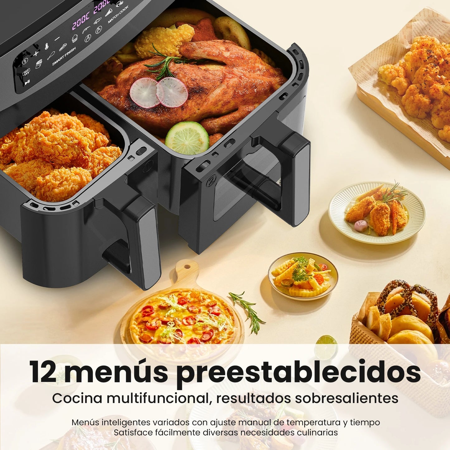 Dual-Basket Air Fryer with Viewing Window, 10L (4L x 6L) XXL 2600W Capacity Double Air Fryer, 12-in-1 Preset Functions