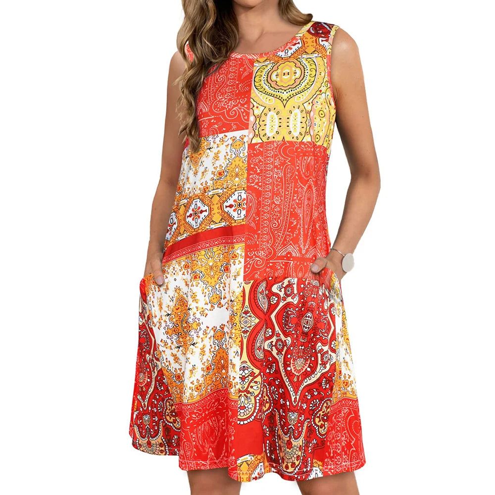 Casual Knee-length Pockets Sleeveless Skirt Summer Simple