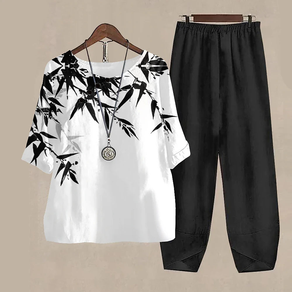 Summer 2 Piece Set Sleeve Shirt Top High Waist Pant