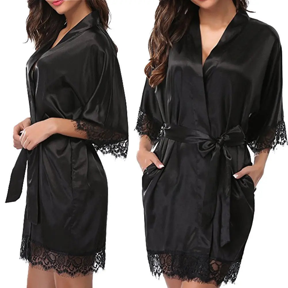 Sleepwear Nightgowns Half Sleeve Nightdress Black Lace Bathrobe Smooth Soft Comfortable