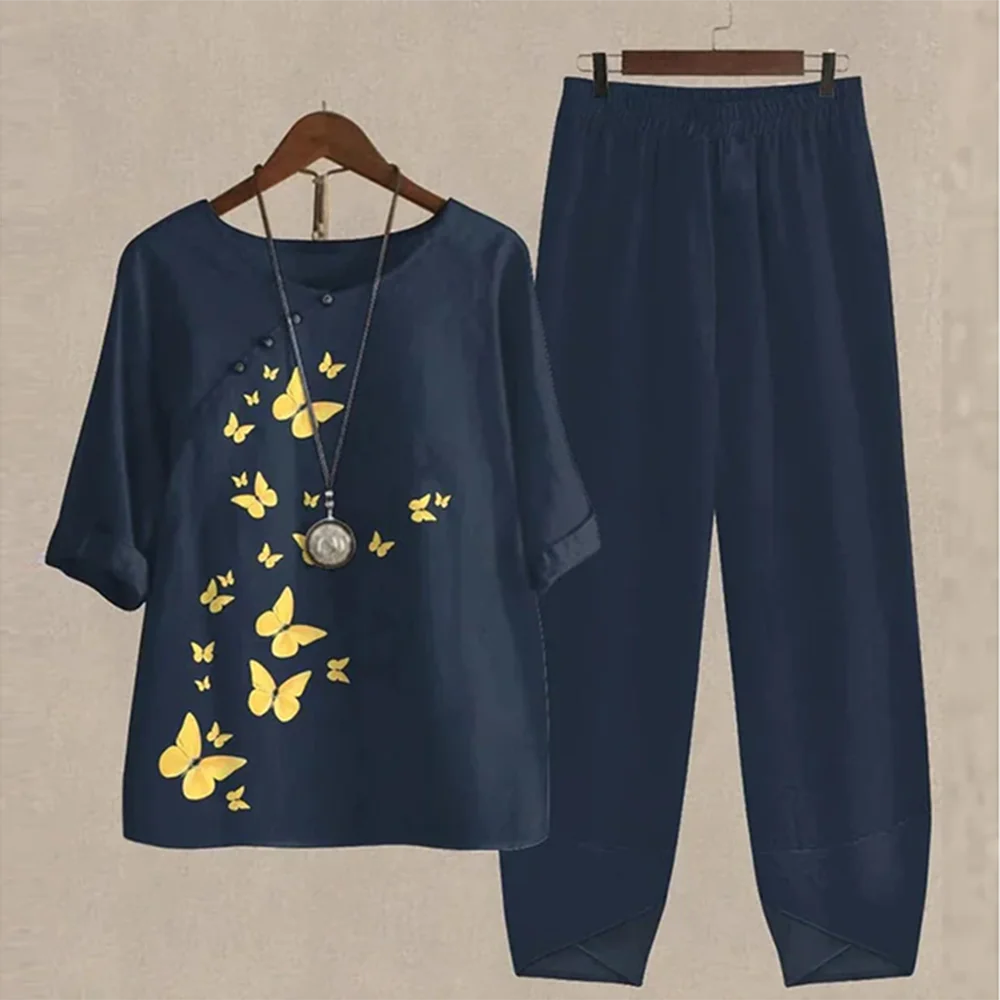 Summer 2 Piece Set Sleeve Shirt Top High Waist Pant