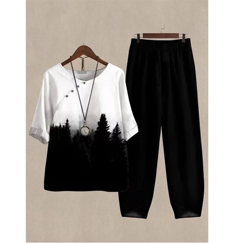 Summer 2 Piece Set Sleeve Shirt Top High Waist Pant