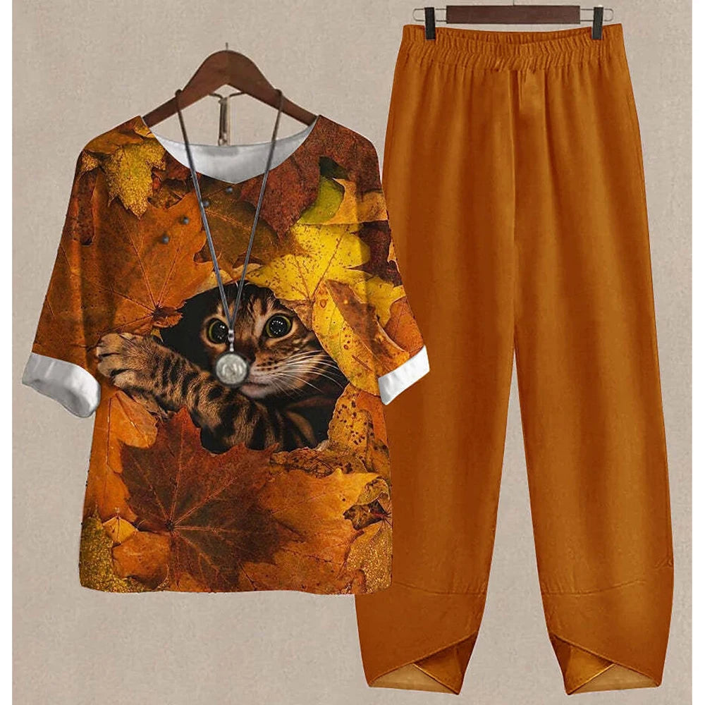 Summer 2 Piece Set Sleeve Shirt Top High Waist Pant