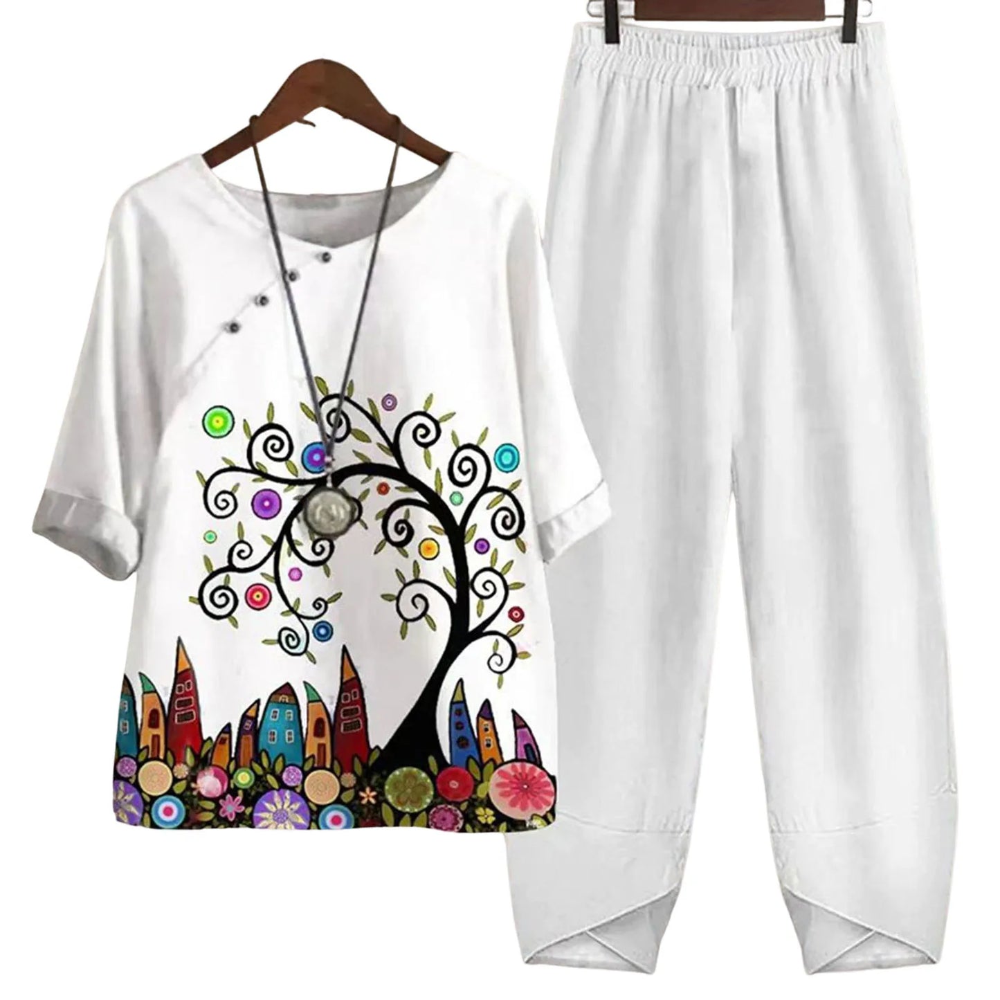 Summer 2 Piece Set Sleeve Shirt Top High Waist Pant