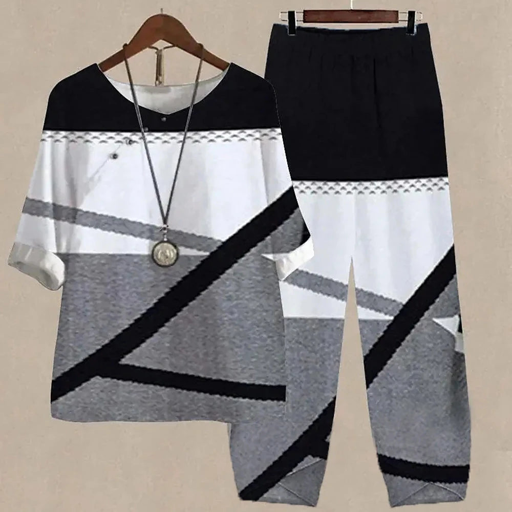 Summer 2 Piece Set Sleeve Shirt Top High Waist Pant