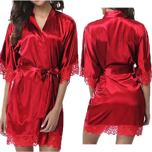 Sleepwear Nightgowns Half Sleeve Nightdress Black Lace Bathrobe Smooth Soft Comfortable