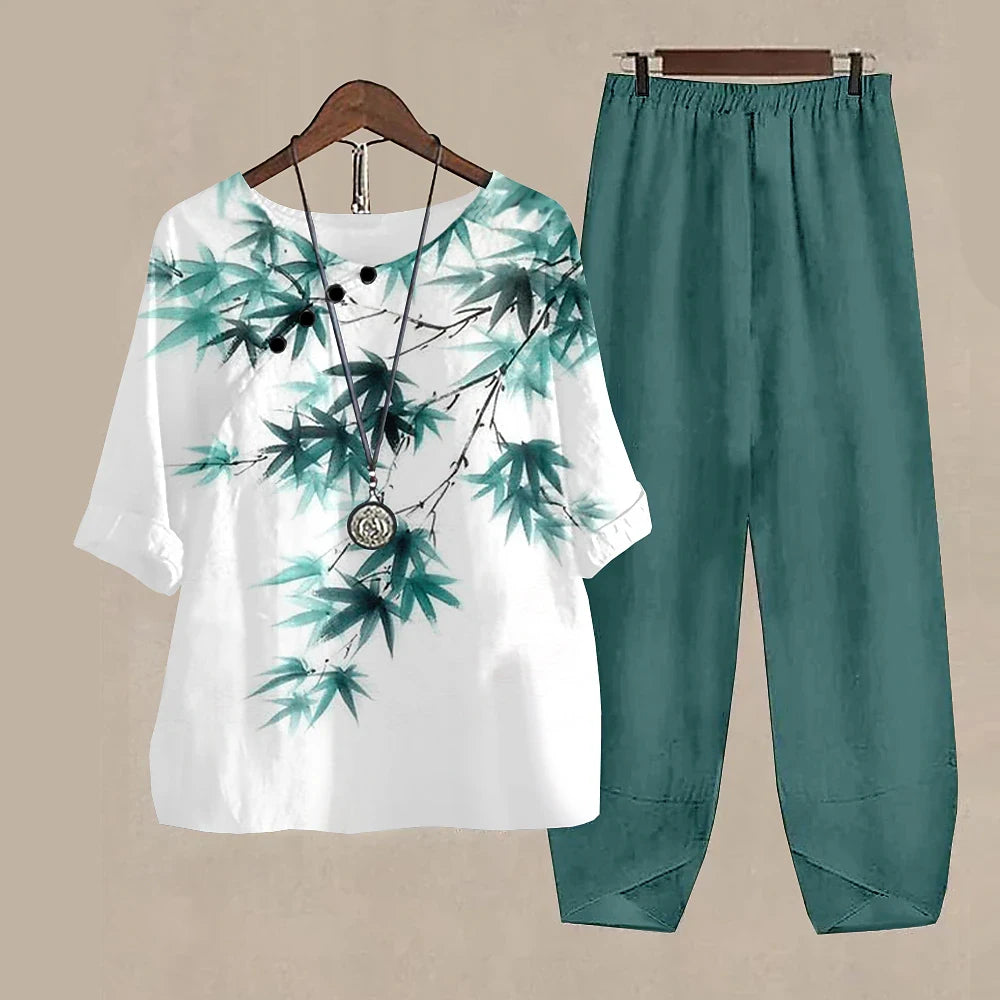 Summer 2 Piece Set Sleeve Shirt Top High Waist Pant