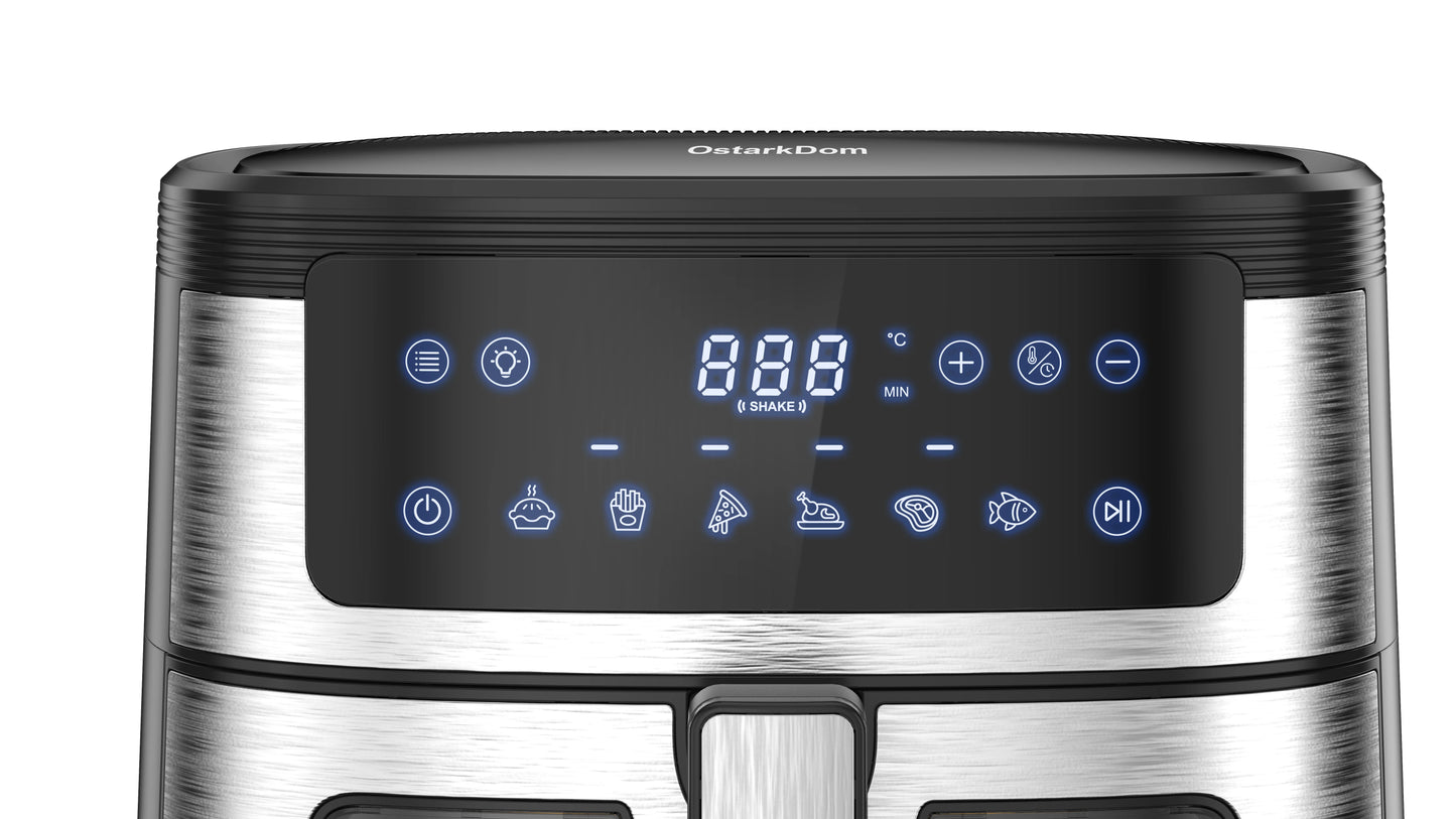 Air Fryer 6L with Touch Control, adjustable temperature up to 200°C, 60-minute timer, 8 preset menus, oil-free cooking, and 1400W power, ideal for families of 3-5 people.