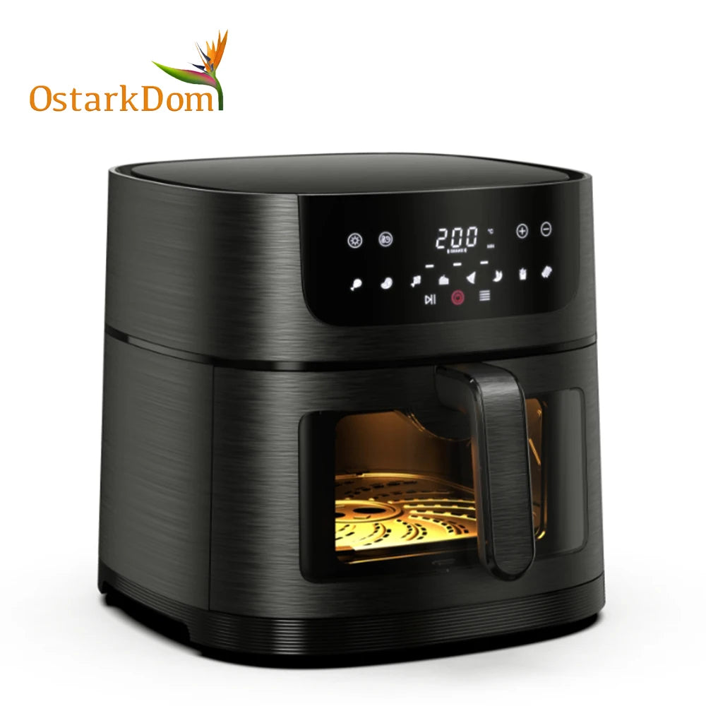 Air Fryer 6L with Touch Control, adjustable temperature up to 200°C, 60-minute timer, 8 preset menus, oil-free cooking, and 1400W power, ideal for families of 3-5 people.