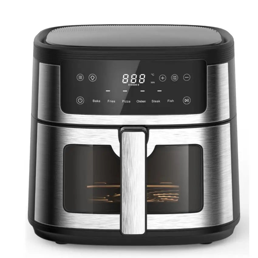 Air Fryer 6L with Touch Control, adjustable temperature up to 200°C, 60-minute timer, 8 preset menus, oil-free cooking, and 1400W power, ideal for families of 3-5 people.