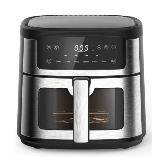 Air Fryer 6L with Touch Control, adjustable temperature up to 200°C, 60-minute timer, 8 preset menus, oil-free cooking, and 1400W power, ideal for families of 3-5 people.