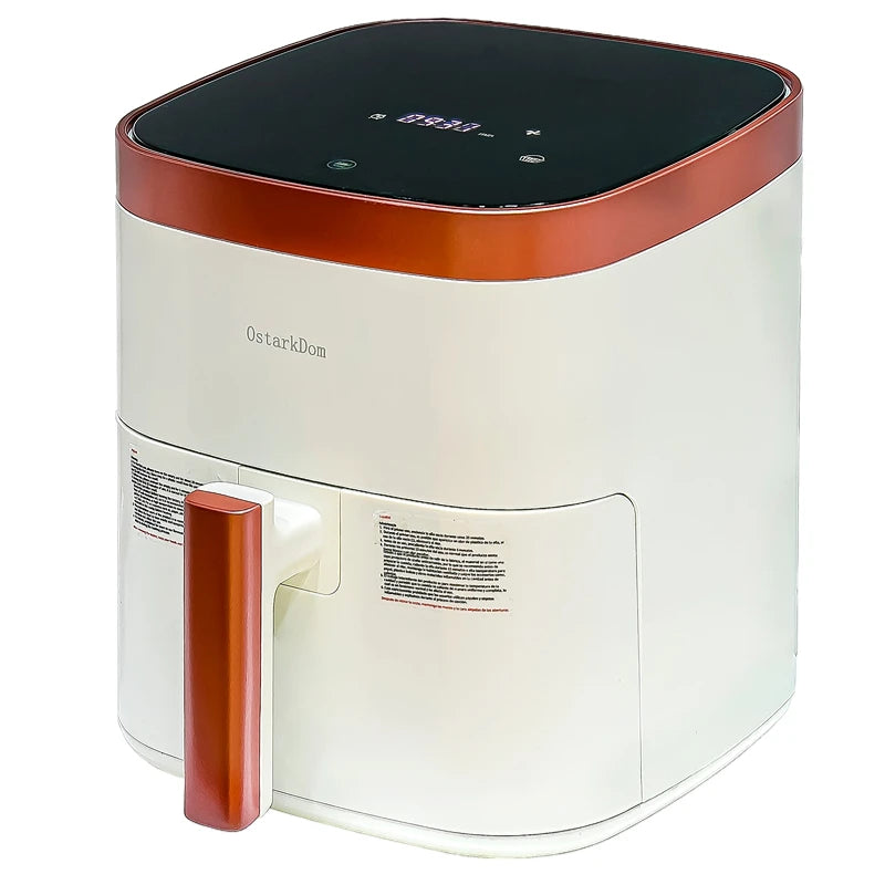 Air Fryer 6L with Touch Control, adjustable temperature up to 200°C, 60-minute timer, 8 preset menus, oil-free cooking, and 1400W power, ideal for families of 3-5 people.