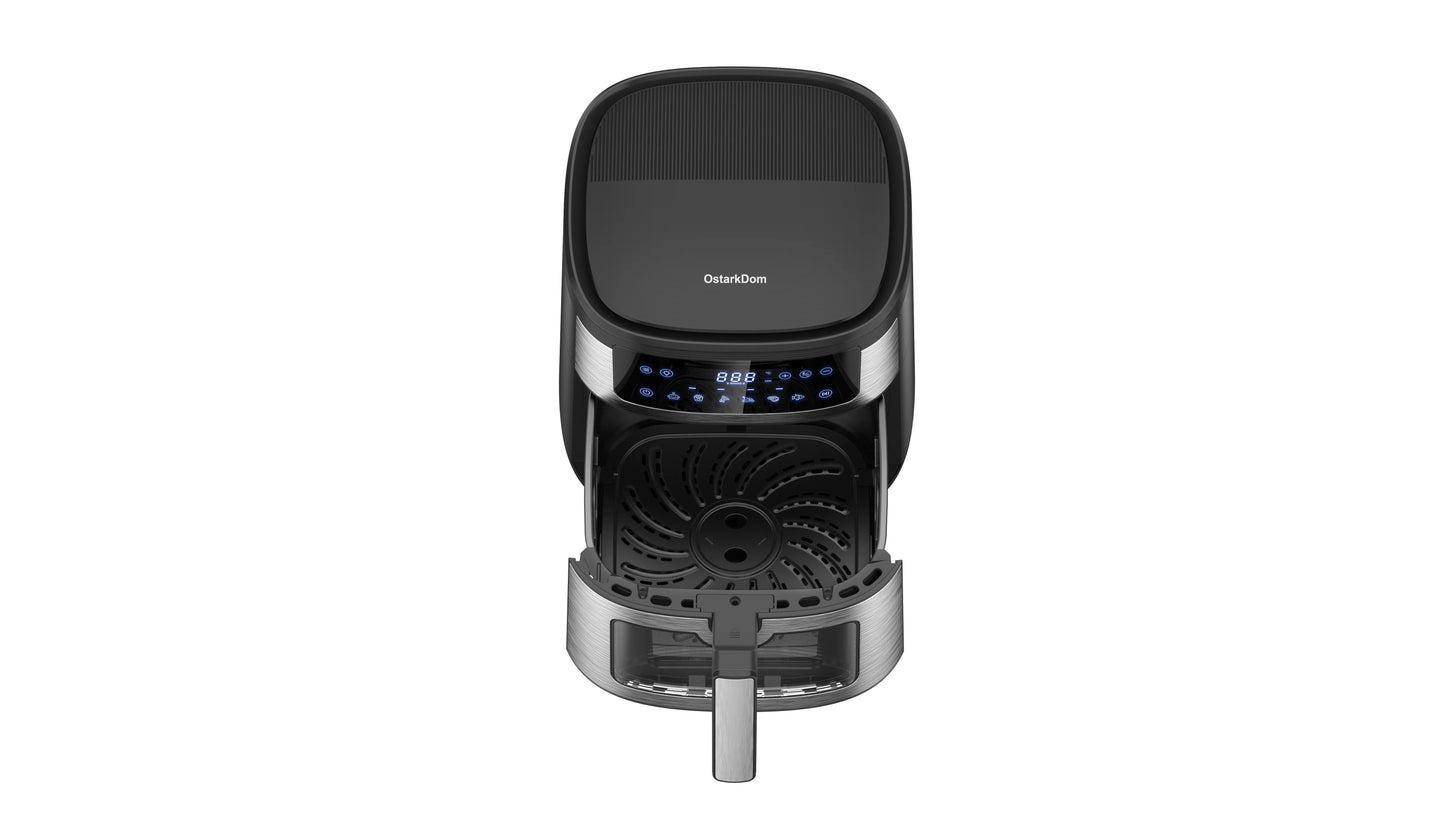 Air Fryer 6L with Touch Control, adjustable temperature up to 200°C, 60-minute timer, 8 preset menus, oil-free cooking, and 1400W power, ideal for families of 3-5 people.