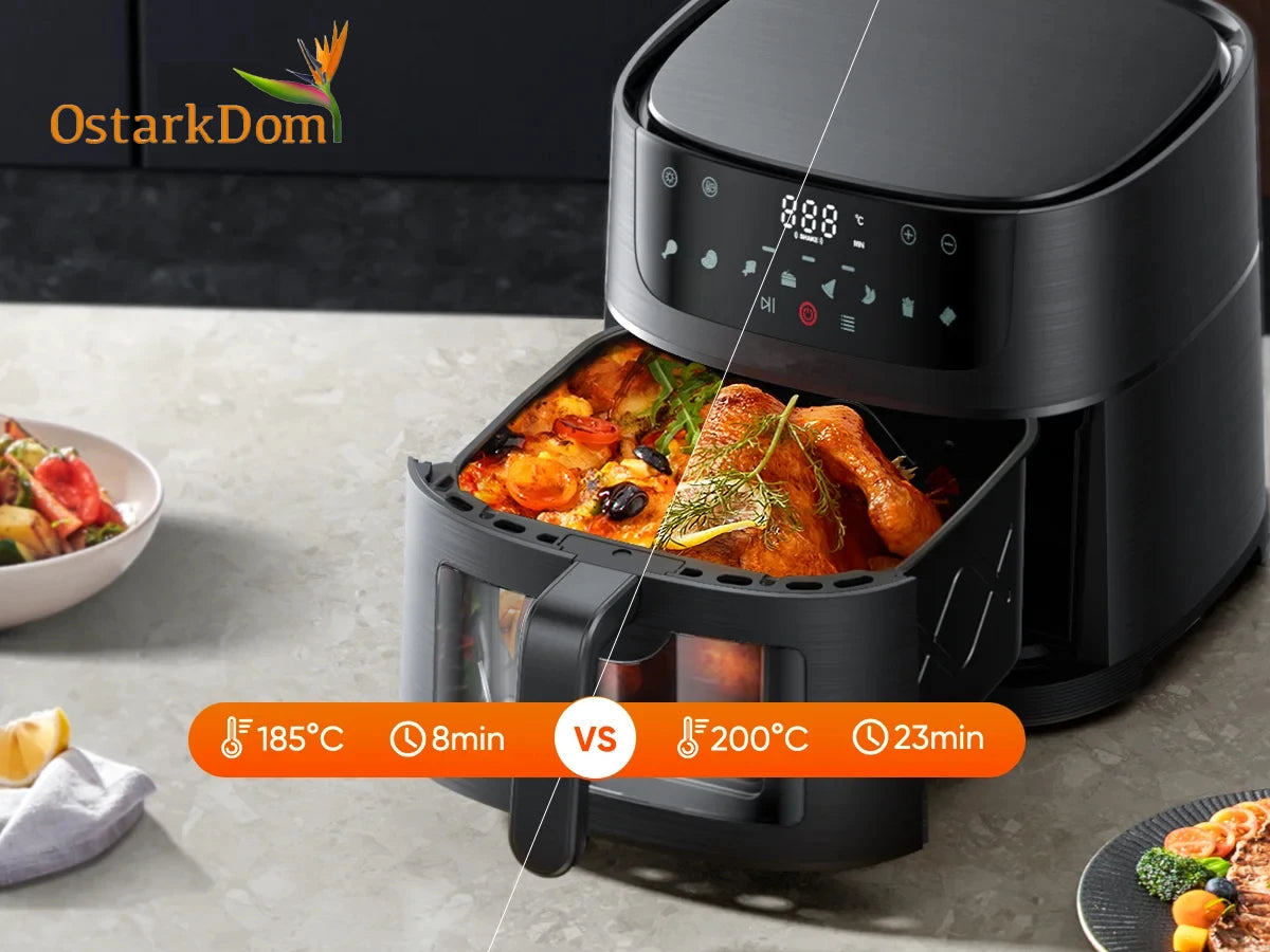 Air Fryer 6L with Touch Control, adjustable temperature up to 200°C, 60-minute timer, 8 preset menus, oil-free cooking, and 1400W power, ideal for families of 3-5 people.