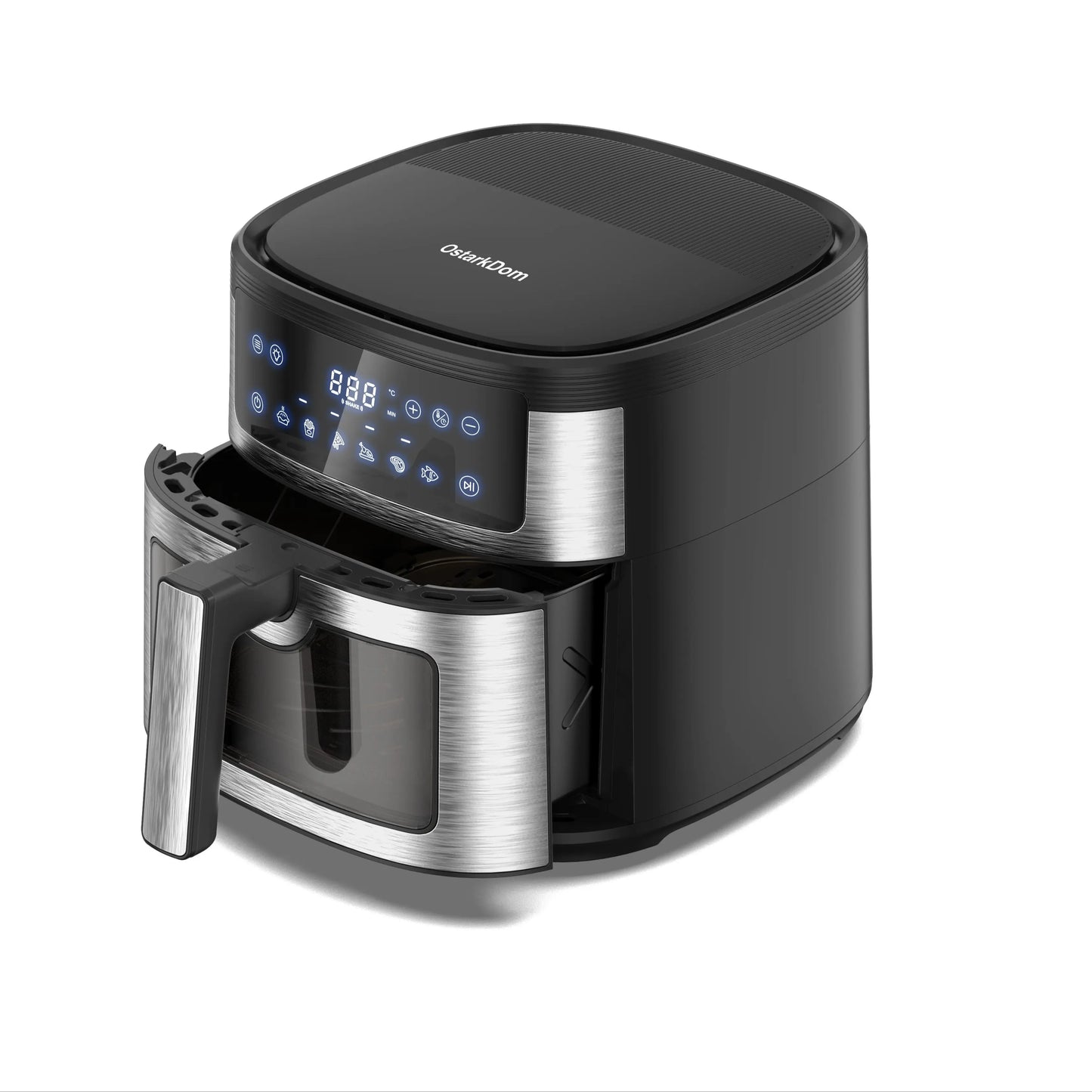 Air Fryer 6L with Touch Control, adjustable temperature up to 200°C, 60-minute timer, 8 preset menus, oil-free cooking, and 1400W power, ideal for families of 3-5 people.