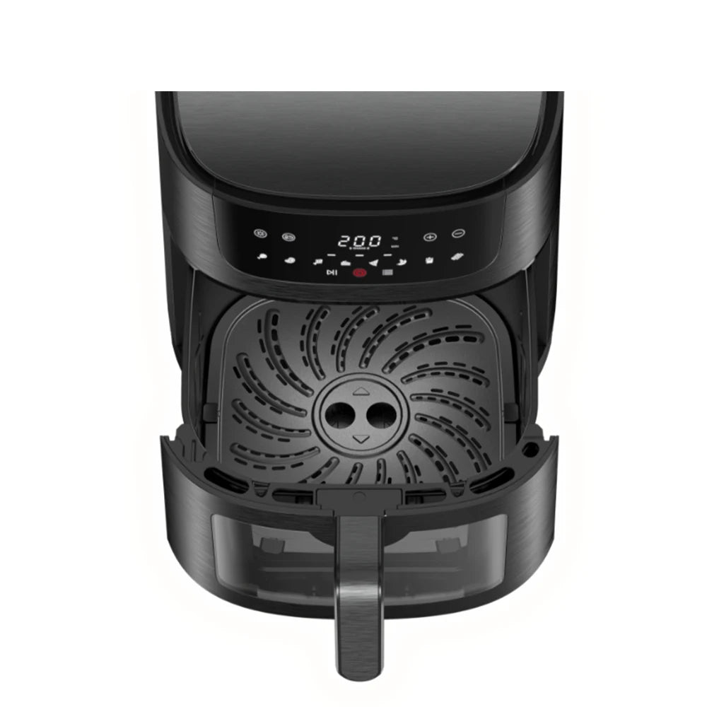 Air Fryer 6L with Touch Control, adjustable temperature up to 200°C, 60-minute timer, 8 preset menus, oil-free cooking, and 1400W power, ideal for families of 3-5 people.