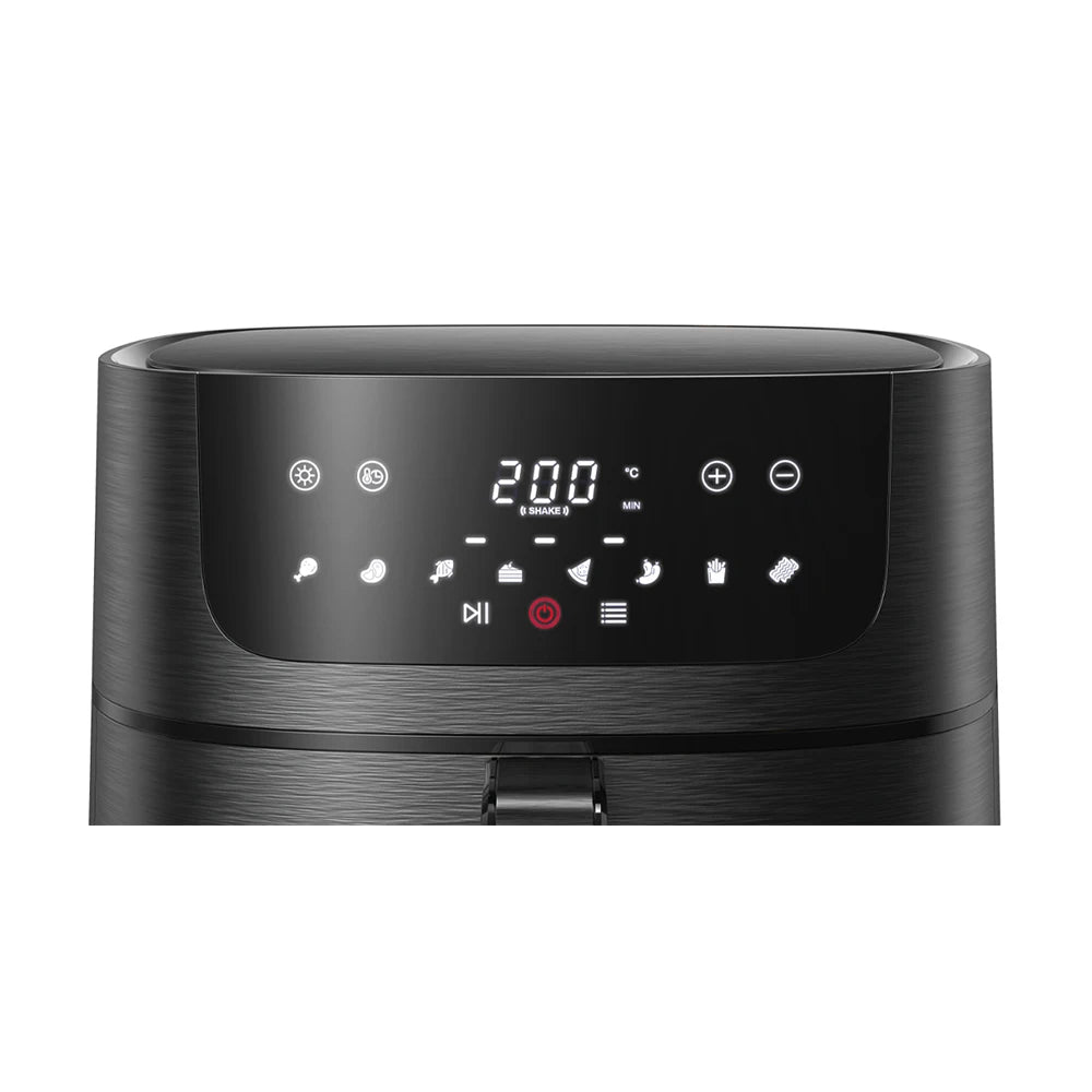 Air Fryer 6L with Touch Control, adjustable temperature up to 200°C, 60-minute timer, 8 preset menus, oil-free cooking, and 1400W power, ideal for families of 3-5 people.